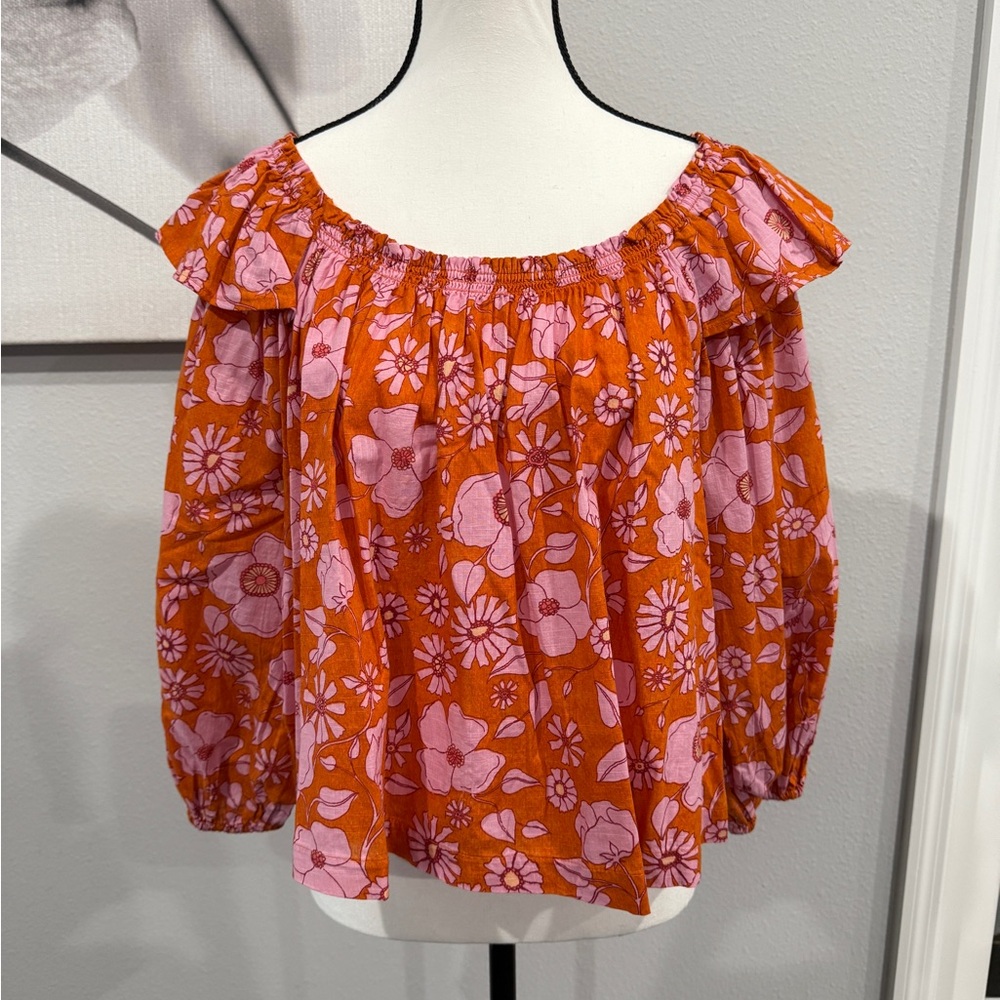 Like New Free People Floral Off-Shoulder Top - Orange and Pink